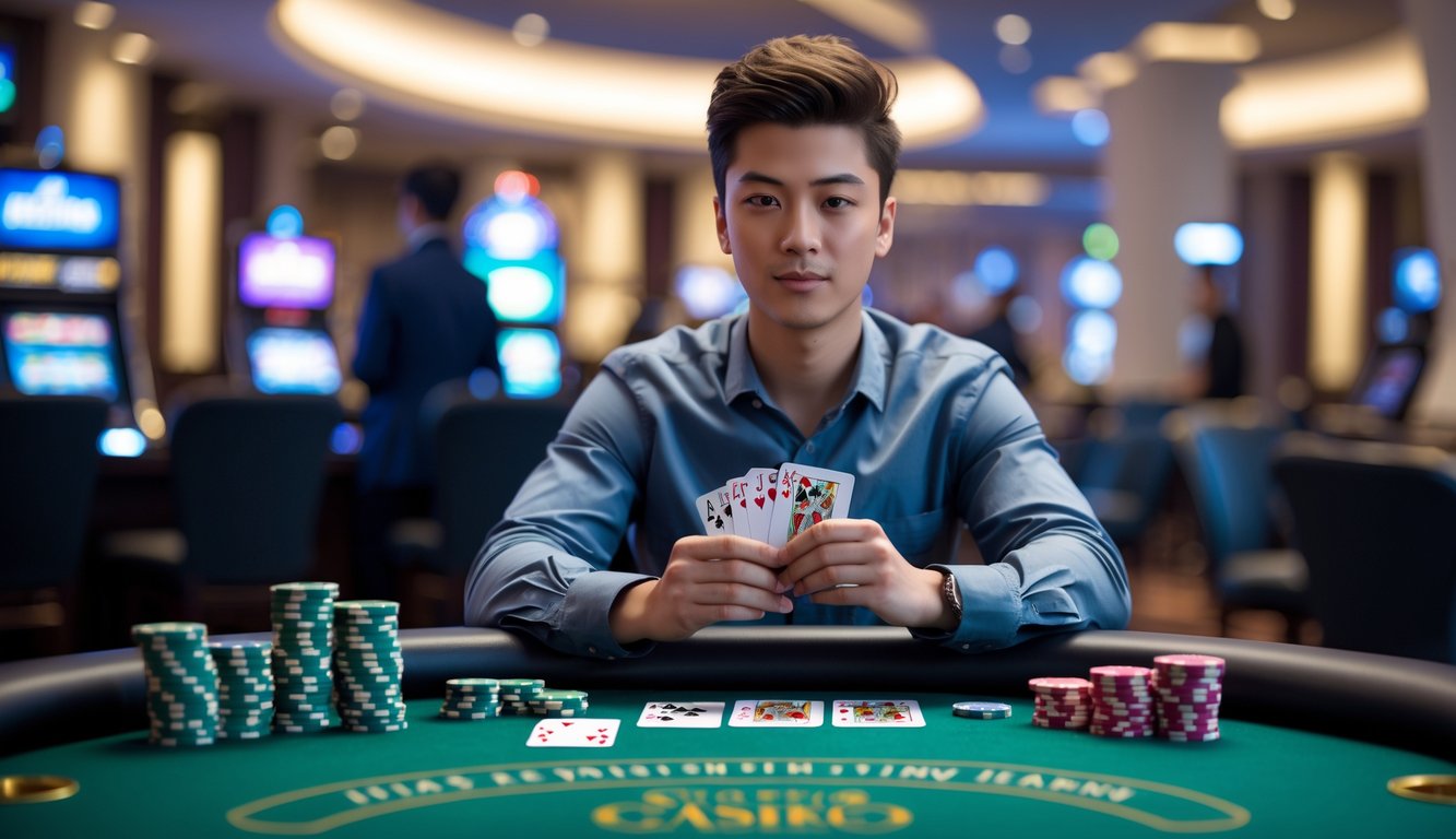 Seorang dewasa muda duduk di meja blackjack di kasino, fokus bermain kartu dengan tumpukan chip di depan.