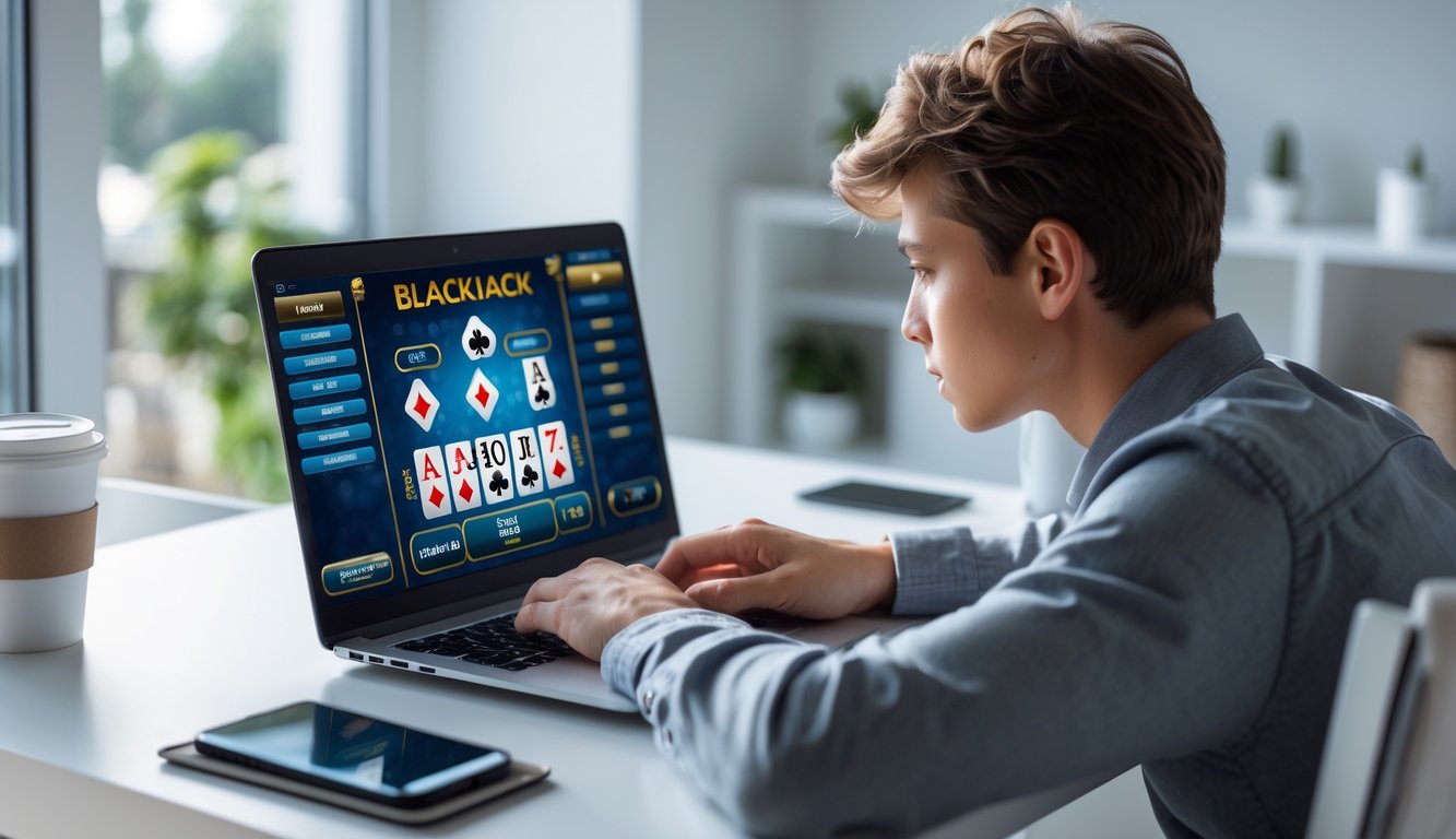 Seorang dewasa muda sedang bermain blackjack online di laptop di ruang kerja rumah yang rapi dan terang.