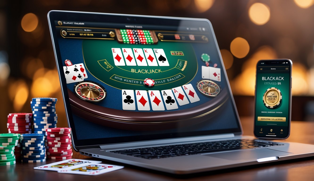 Sebuah laptop menampilkan permainan blackjack online dengan kartu dan chip di sekitarnya, menunjukkan suasana permainan judi daring yang terpercaya dan mudah dimenangkan.