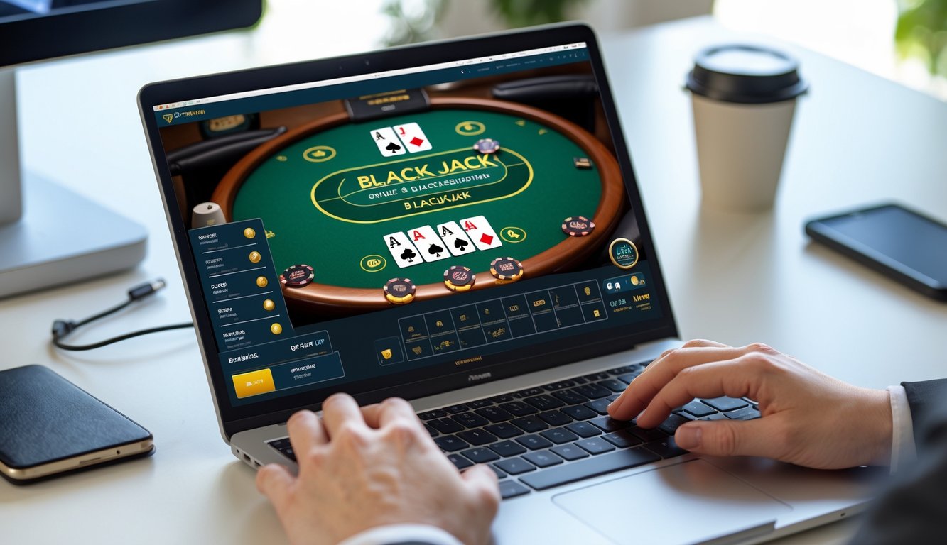 Seseorang sedang bermain blackjack online di komputer dengan meja kartu dan chip terlihat di layar, di meja kerja yang rapi dengan beberapa barang seperti buku catatan dan kopi.