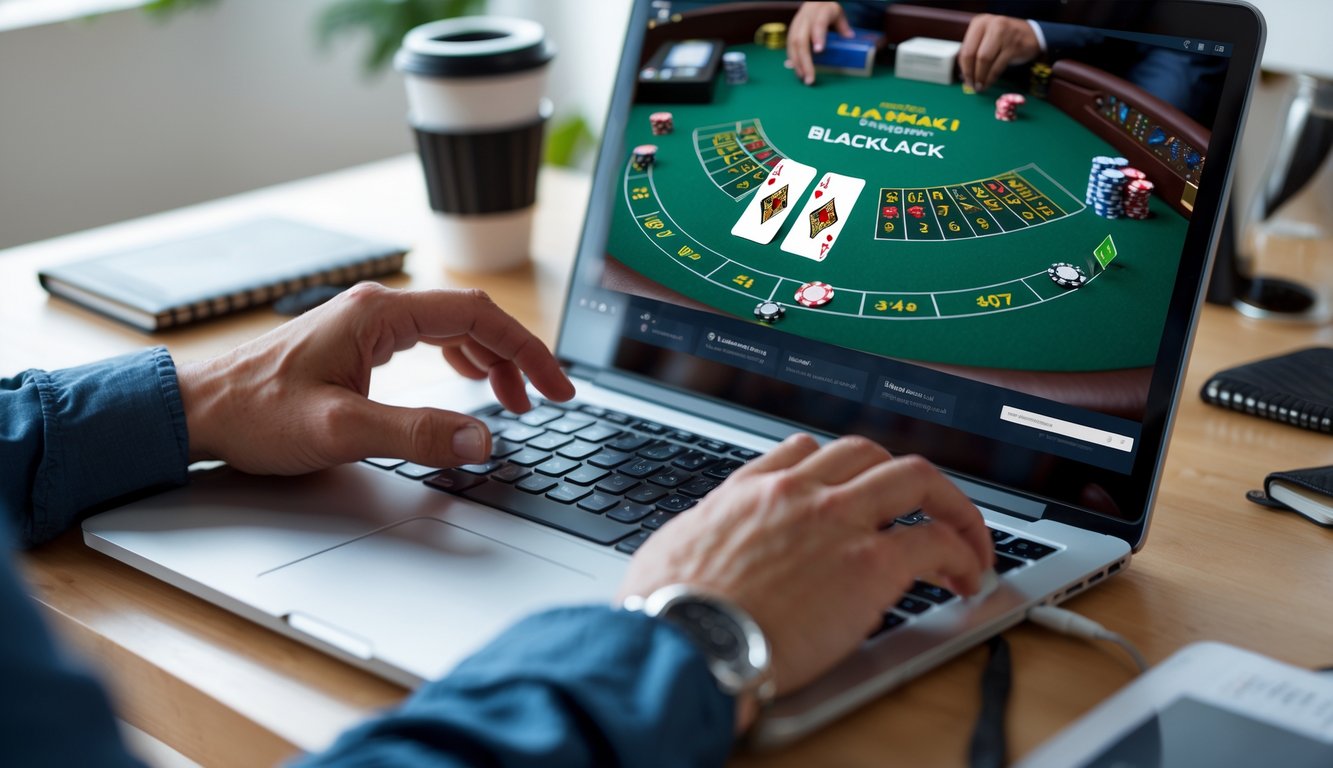 Seseorang bermain blackjack online di laptop dengan kartu dan chip terlihat di layar, di meja kerja yang rapi.