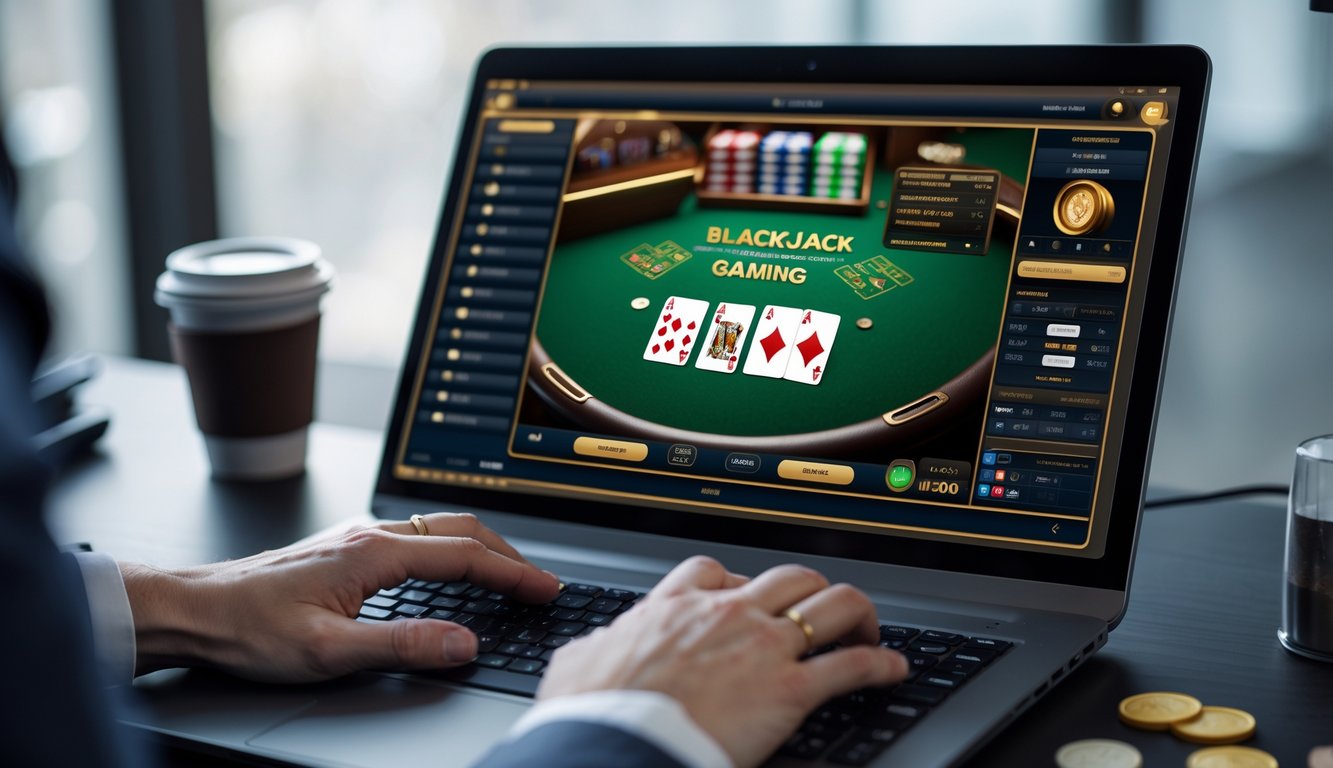 Seseorang sedang bermain permainan blackjack online di depan komputer dengan kartu dan chip terlihat di layar.