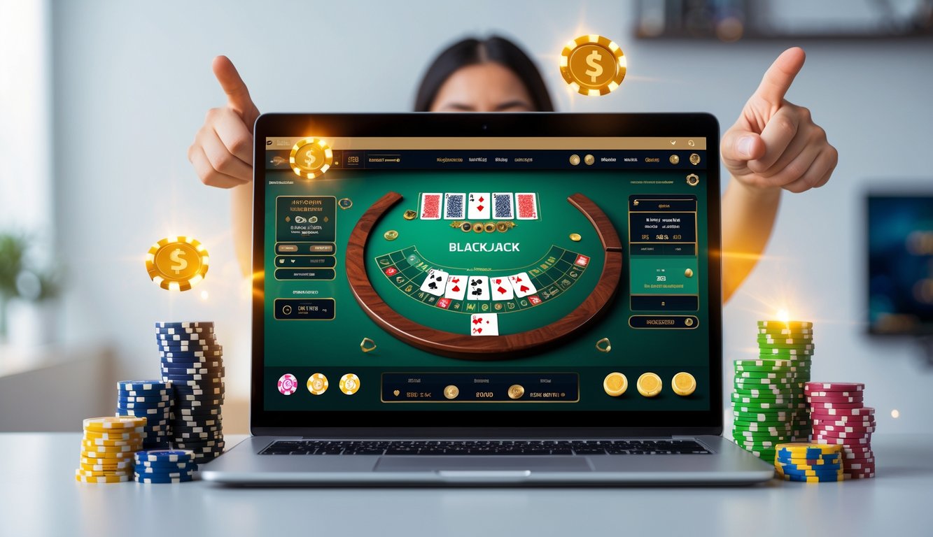 Seorang pemain tersenyum sambil melihat layar komputer yang menampilkan permainan blackjack online dengan kartu dan chip poker.