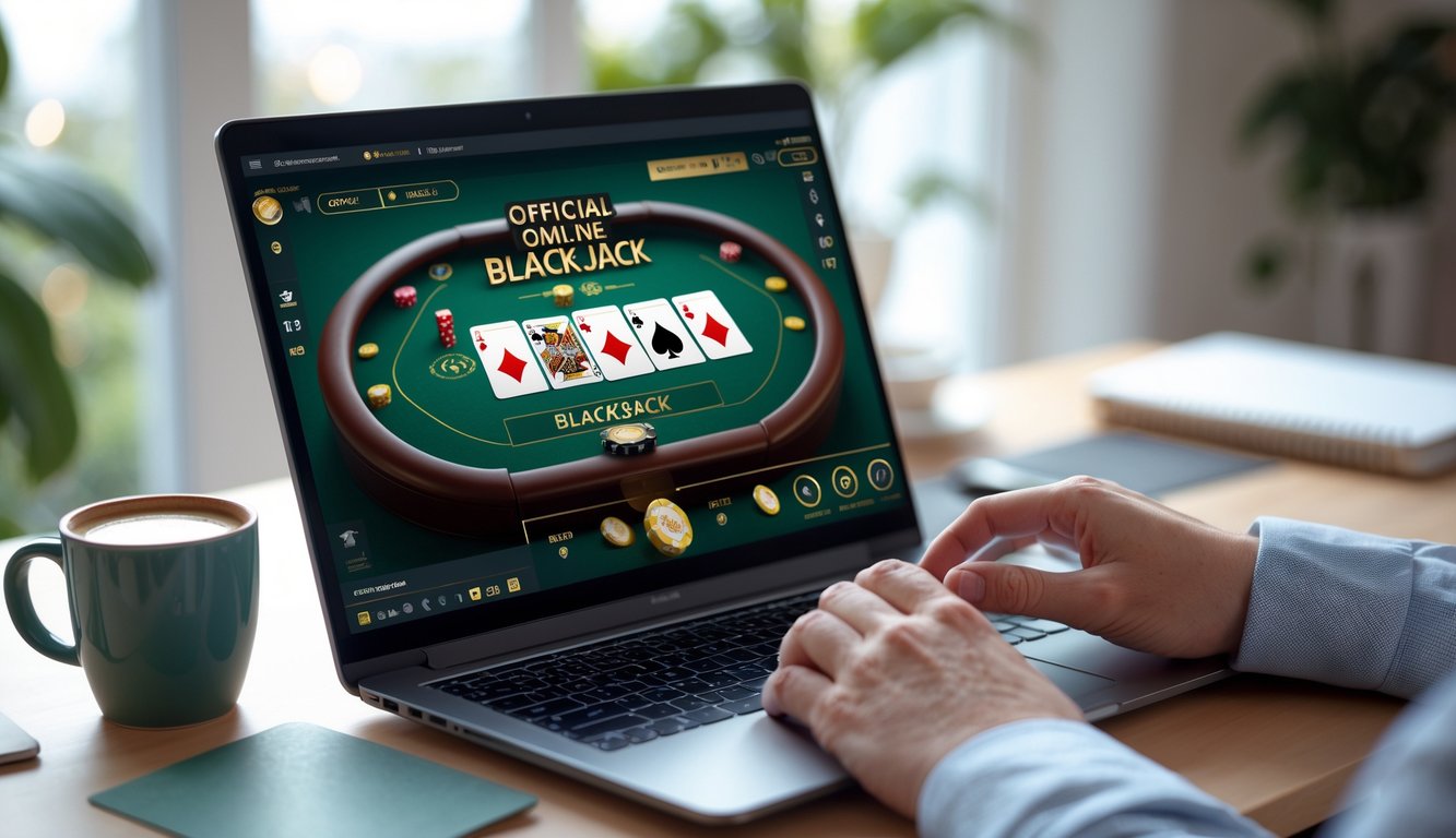 Seseorang sedang bermain blackjack online di laptop di lingkungan rumah yang nyaman.