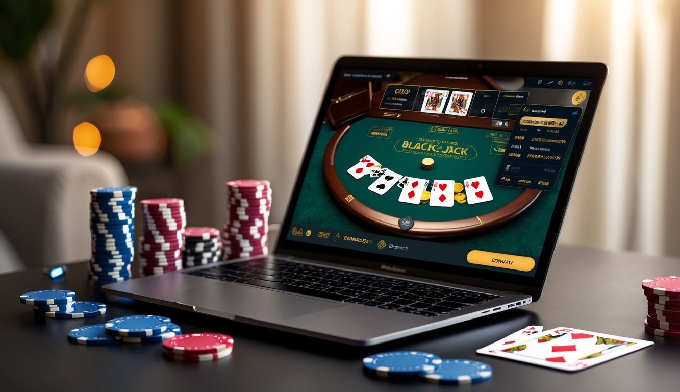 Sebuah laptop menampilkan permainan blackjack online dengan kartu dan chip di sekitarnya di atas meja dalam ruangan yang nyaman.