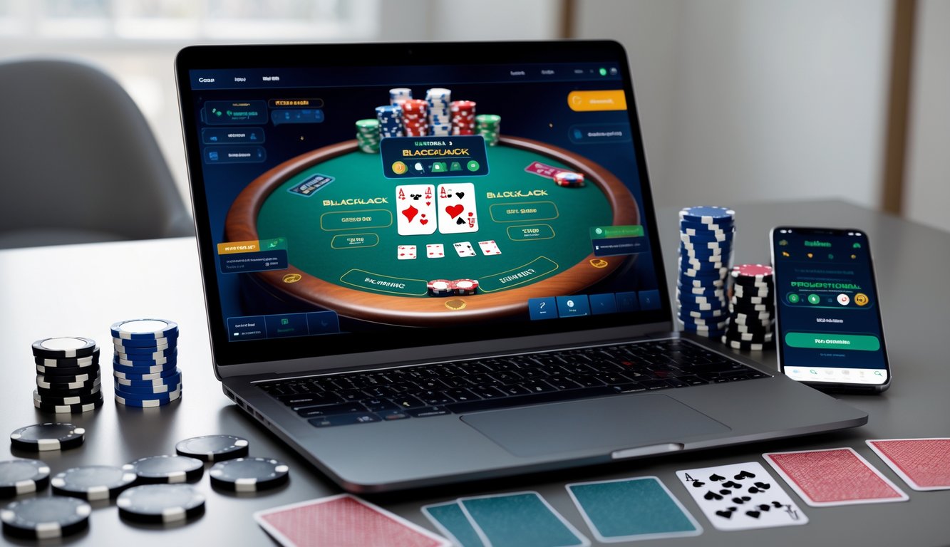 Seorang pemain sedang bermain blackjack online menggunakan laptop dengan kartu dan chip poker di meja.