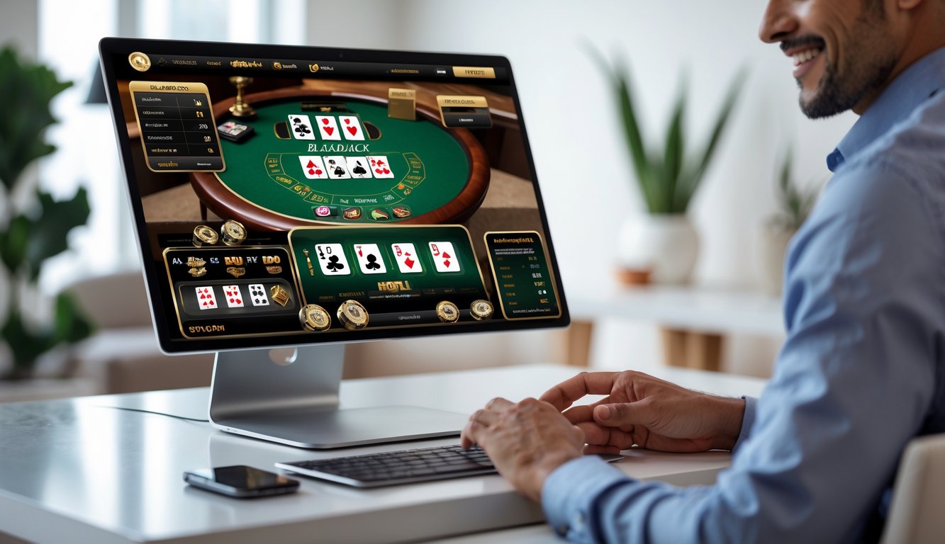 Seorang pemain dewasa sedang bermain blackjack online di depan komputer di ruangan yang terang dan rapi.