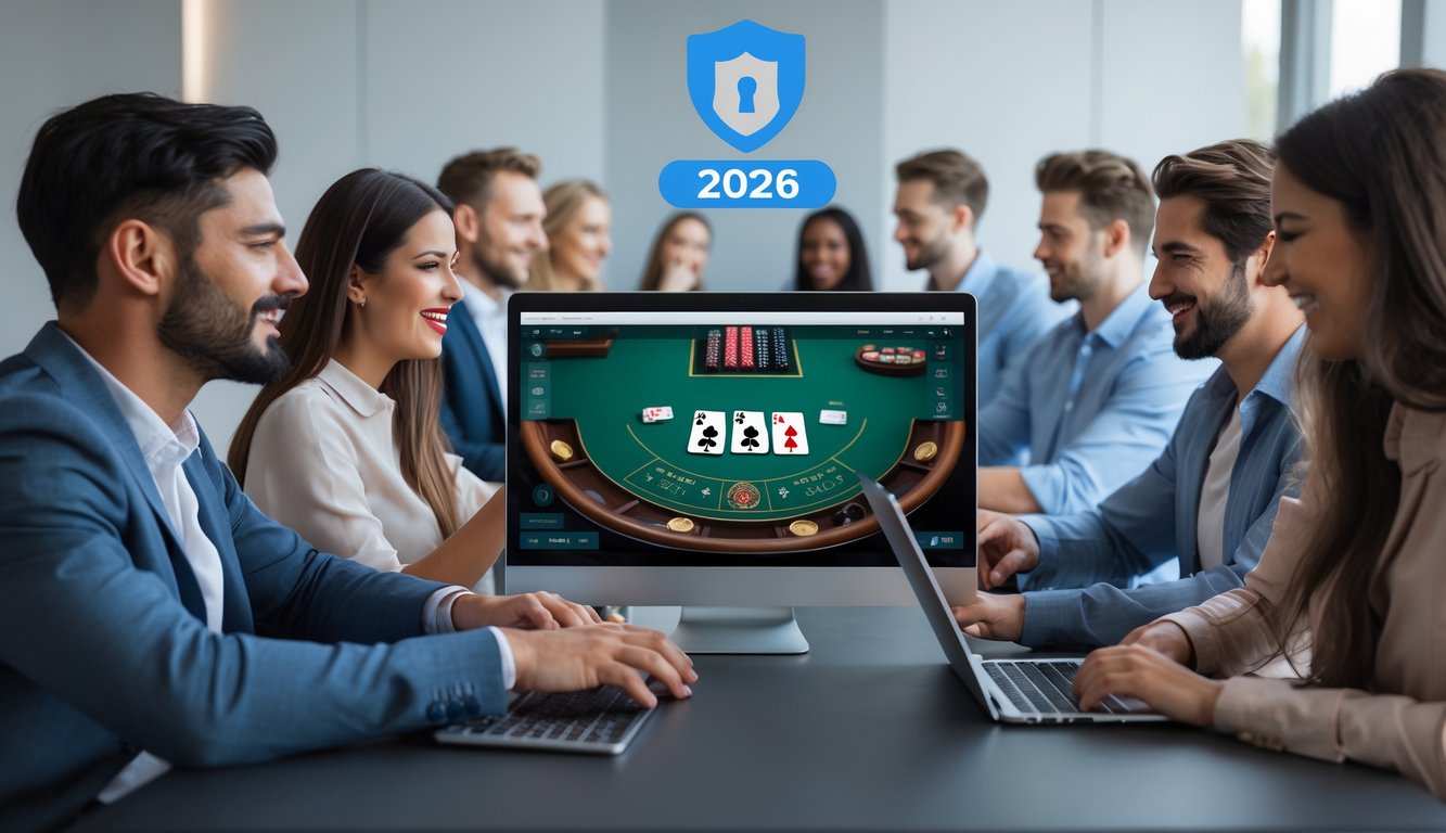 Orang-orang bermain blackjack online menggunakan laptop dan ponsel di ruangan yang terang dengan tampilan meja blackjack digital di layar.