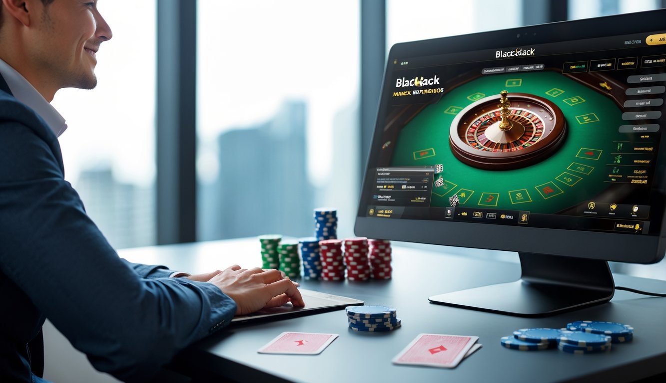 Seseorang duduk di depan komputer dengan permainan blackjack online, terlihat fokus dan percaya diri dengan chip poker dan kartu di meja.