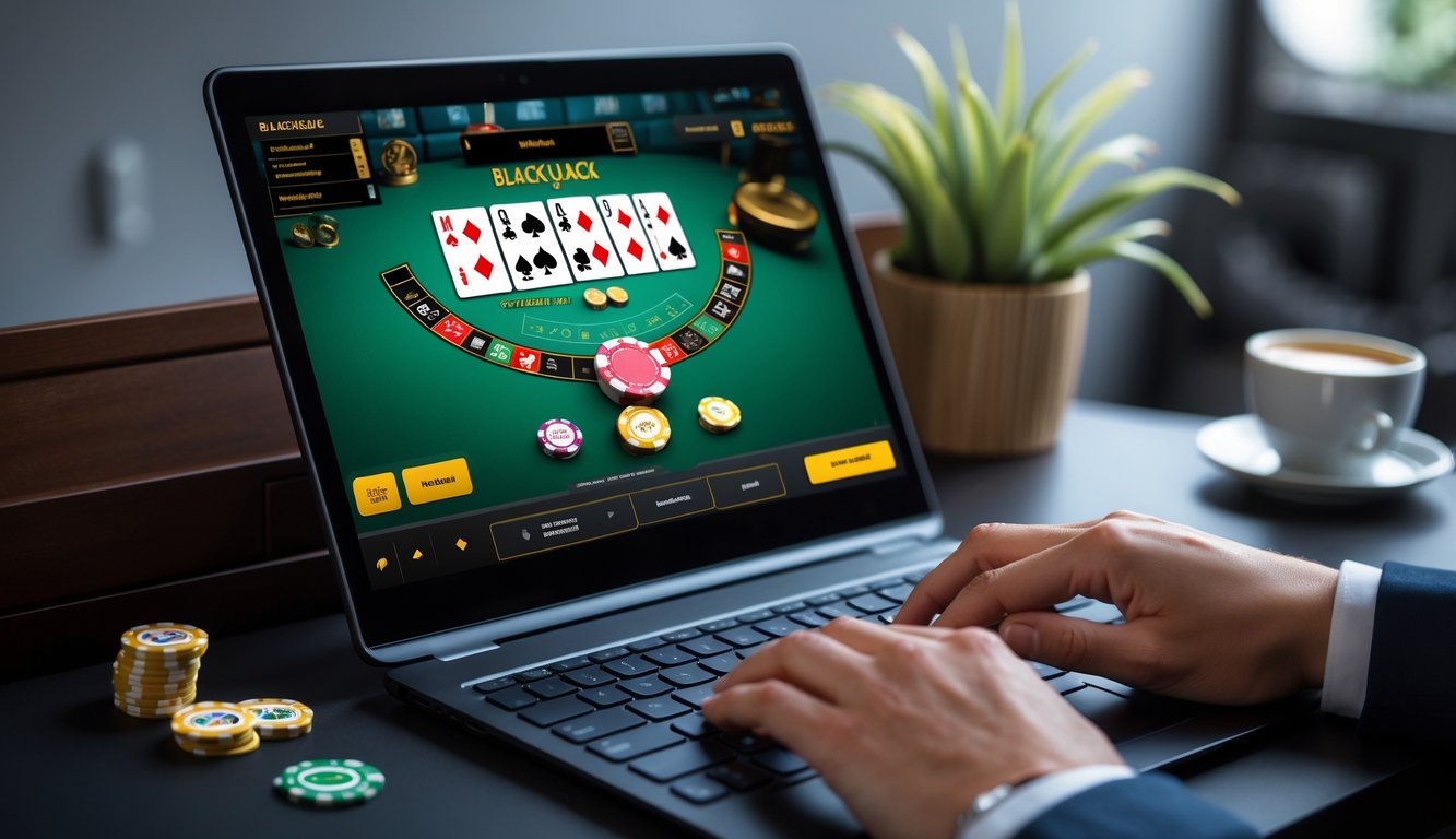 Seorang pemain berjudi blackjack online menggunakan komputer dengan tampilan permainan kartu dan chip di layar.