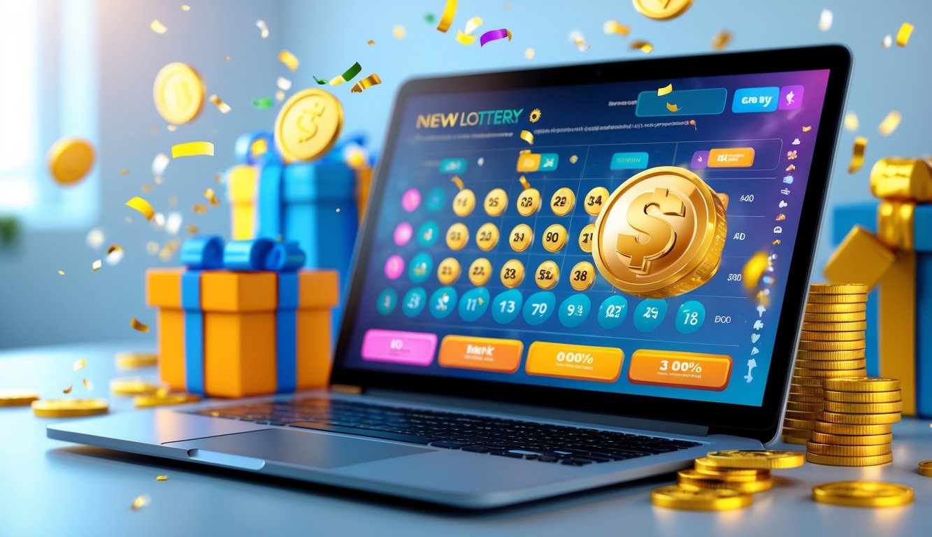 Seorang pengguna sedang menggunakan laptop dengan tampilan layar permainan lotere online dan hadiah di sekitarnya.