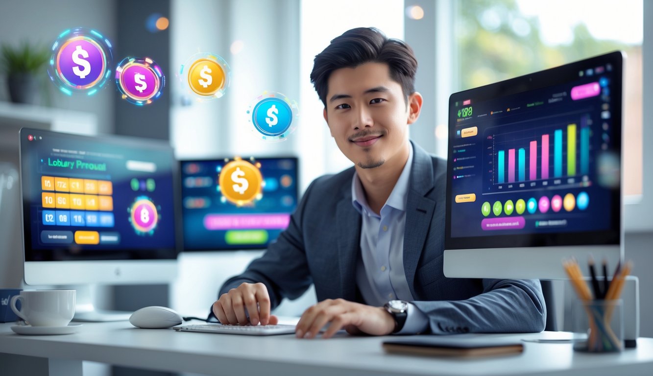 Seorang pria muda duduk di meja kerja dengan beberapa layar komputer yang menampilkan grafik dan angka togel, di ruang kantor rumah yang modern dan terang.