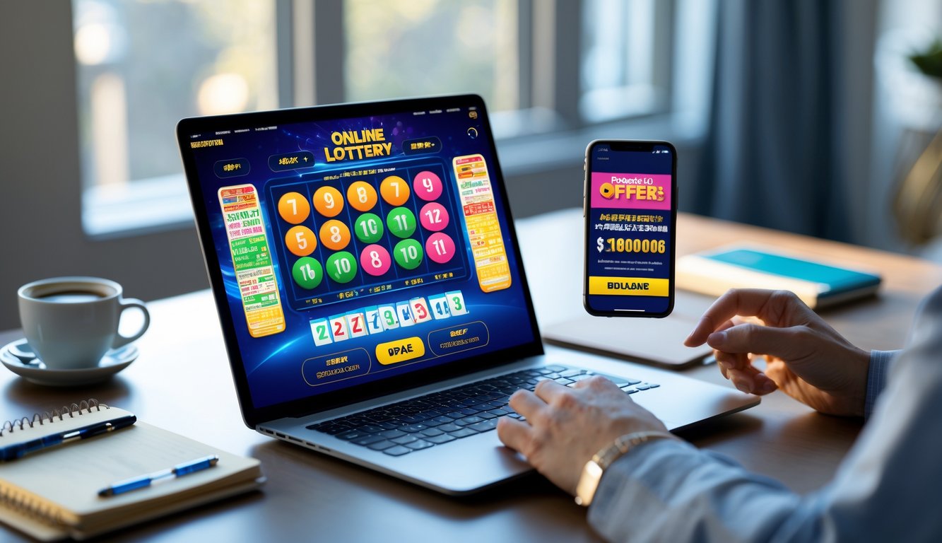 Meja kerja modern dengan laptop dan ponsel yang menampilkan antarmuka permainan togel online dan promosi bonus.