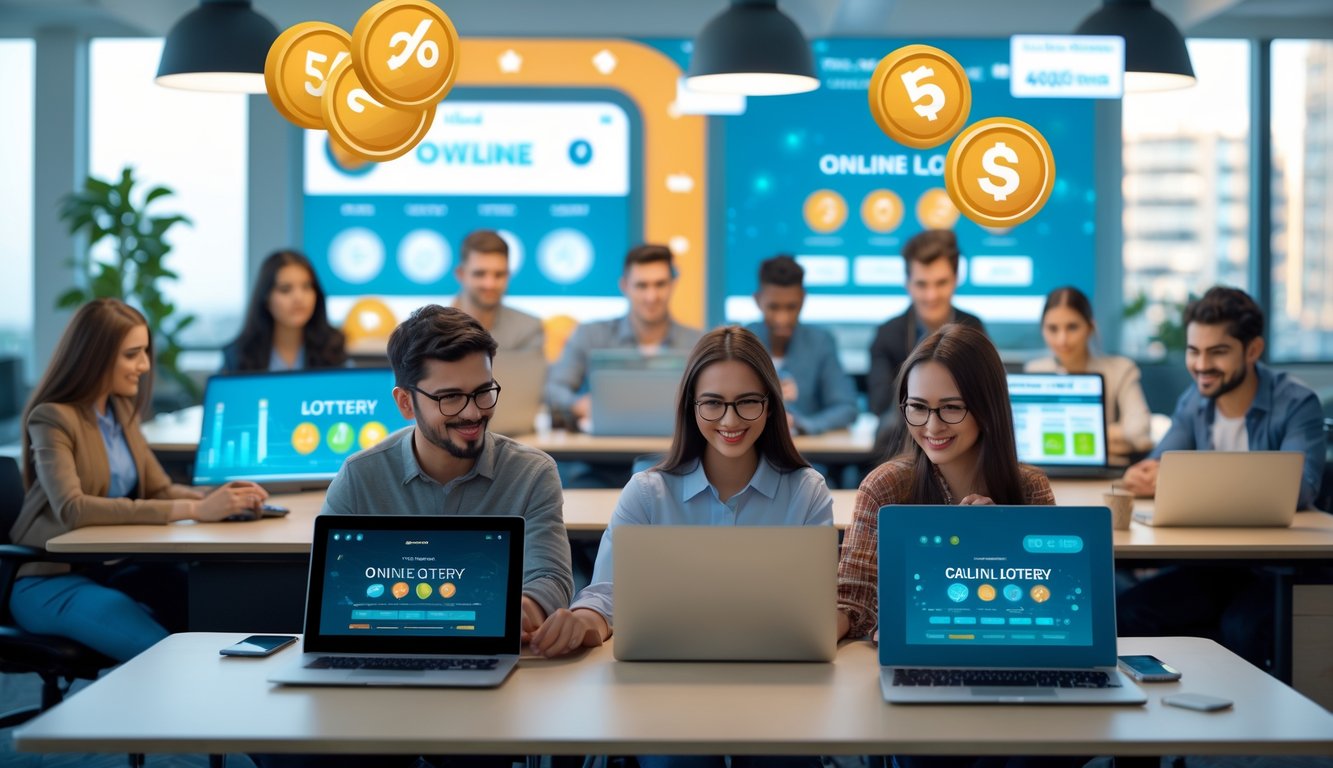 Beberapa orang muda menggunakan laptop dan ponsel di kantor modern yang terang, terlihat fokus pada aktivitas permainan togel online.