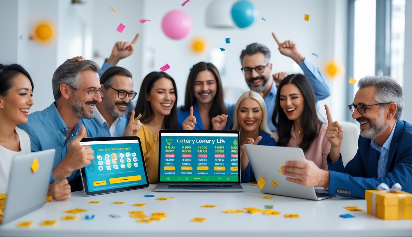 Sekelompok orang menggunakan perangkat digital di ruang kerja modern, terlihat senang dan antusias berpartisipasi dalam aktivitas taruhan online dengan suasana yang cerah dan ramah.
