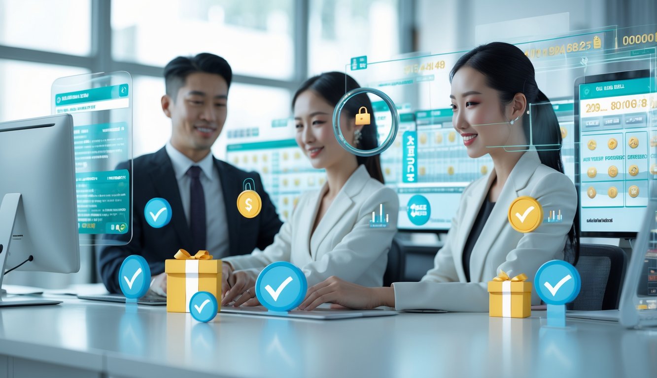 Dua profesional di kantor modern menggunakan antarmuka digital yang menampilkan elemen keamanan dan promosi untuk situs togel online terpercaya.