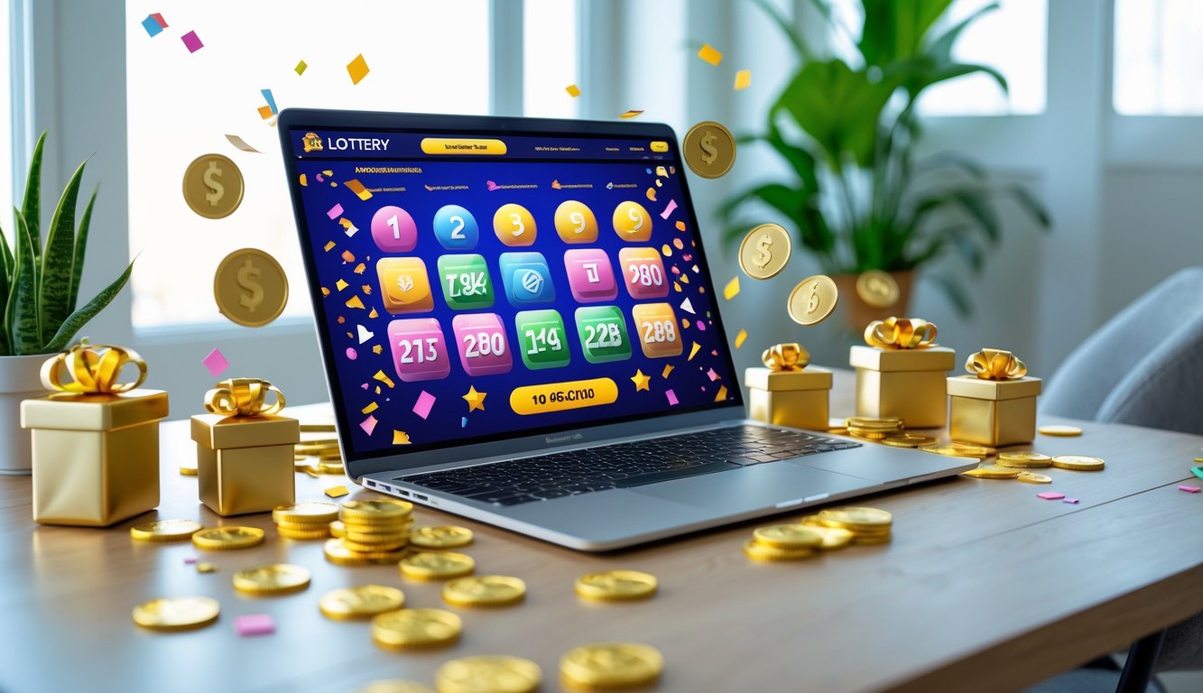 Sebuah meja kerja modern dengan laptop yang menampilkan situs togel online, dikelilingi koin emas dan dekorasi hadiah, di ruangan terang dengan tanaman hijau.