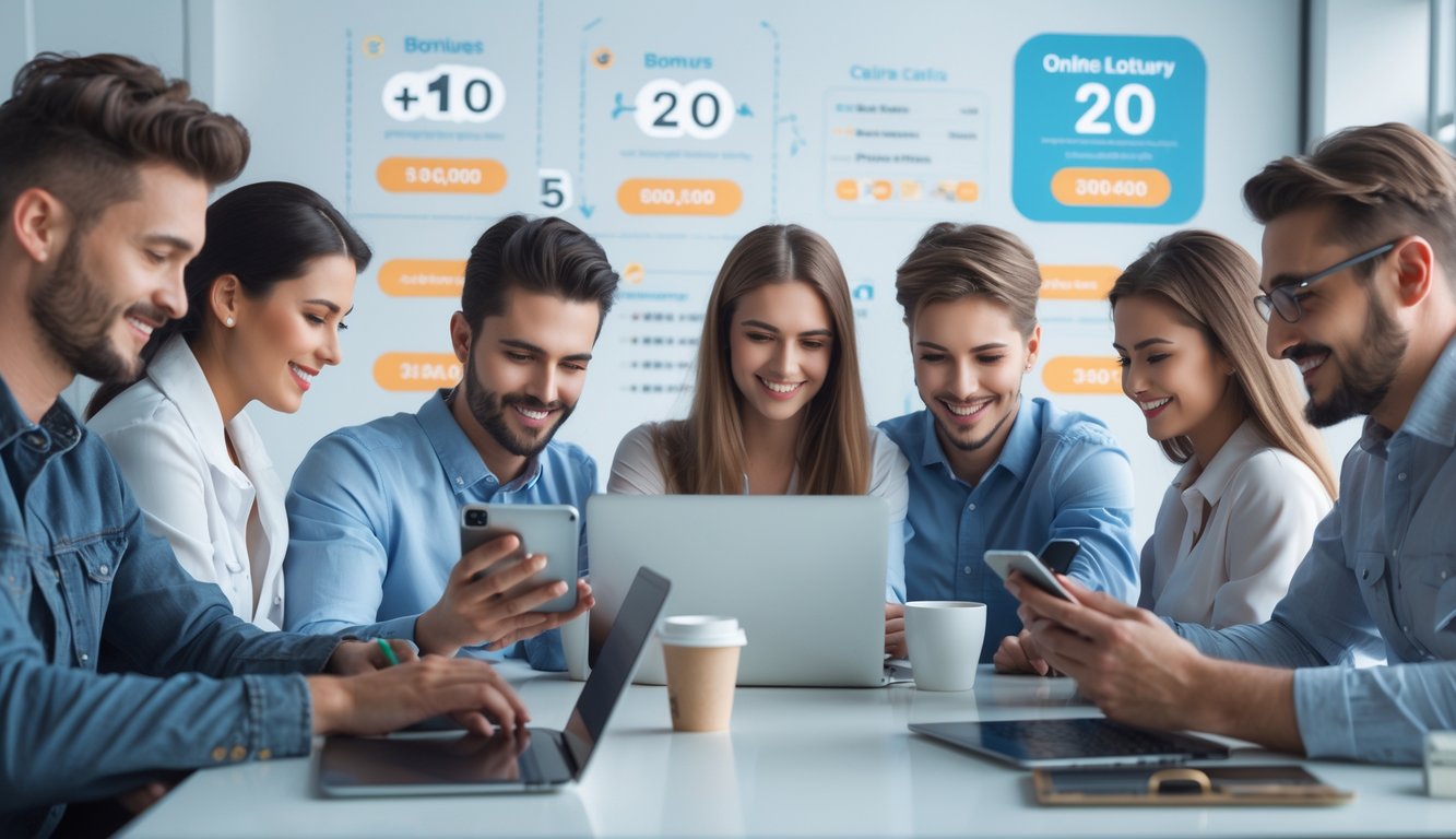 Beberapa orang muda menggunakan perangkat digital di ruang kerja modern dengan elemen grafis terkait togel online dan suasana yang ramah dan profesional.