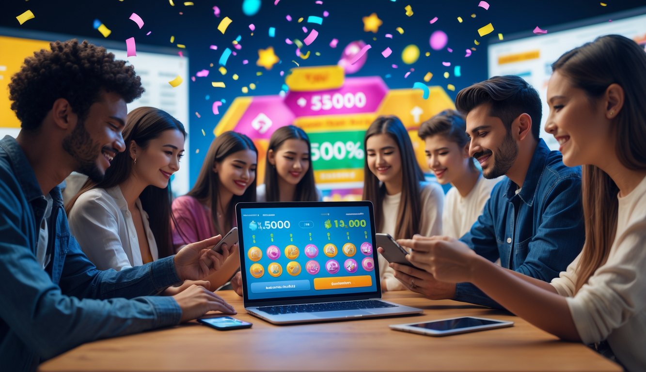 Sekelompok orang muda menggunakan perangkat digital untuk bermain togel online dengan suasana yang ceria dan penuh semangat.