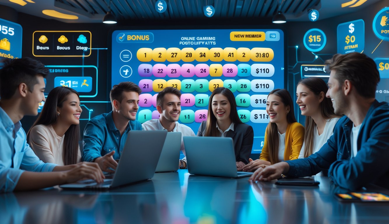 Sekelompok orang muda sedang berkumpul di sekitar layar digital yang menampilkan angka togel dan grafik, terlihat antusias dalam suasana ruangan modern dengan perangkat elektronik.