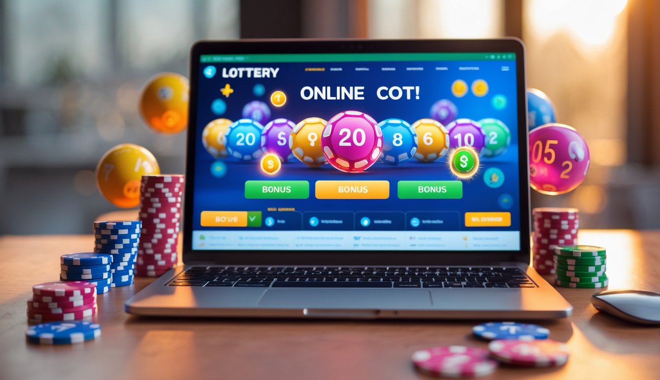 Meja kerja modern dengan laptop yang menampilkan tampilan permainan lotere online, dikelilingi oleh chip poker dan bola lotere berwarna-warni.