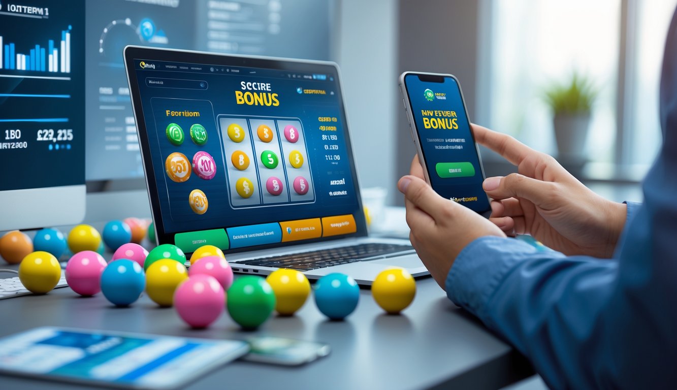 Seorang pengguna di depan laptop dan smartphone dengan bola lotere di meja, menggambarkan situs togel online terpercaya dan promo menarik.