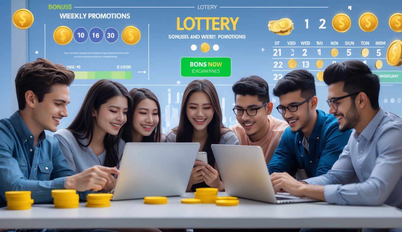 Sejumlah orang muda menggunakan laptop dan ponsel di ruang kerja modern dengan grafik digital angka lotre dan ikon promosi di latar belakang.