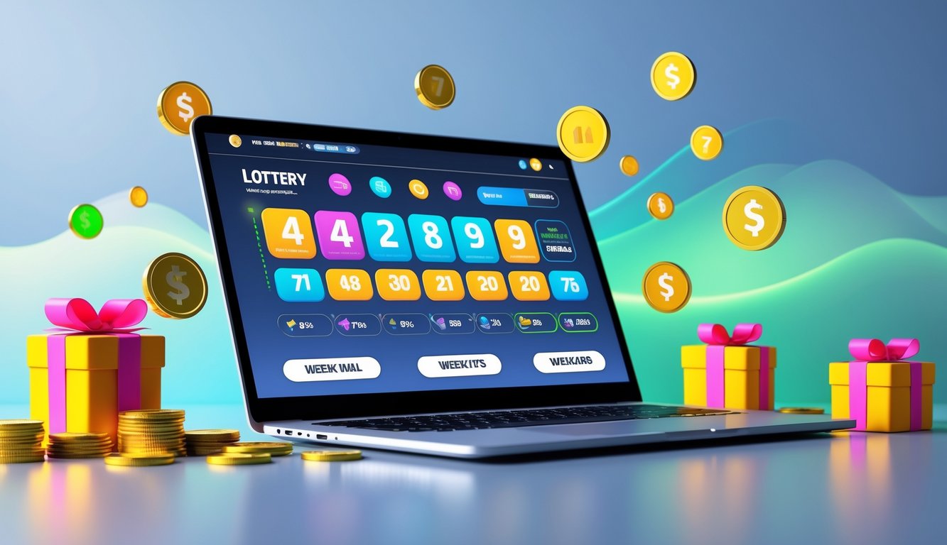 Seorang pria menggunakan laptop di meja kerja dengan tampilan situs lotere online dan ikon hadiah di sekitar laptop.