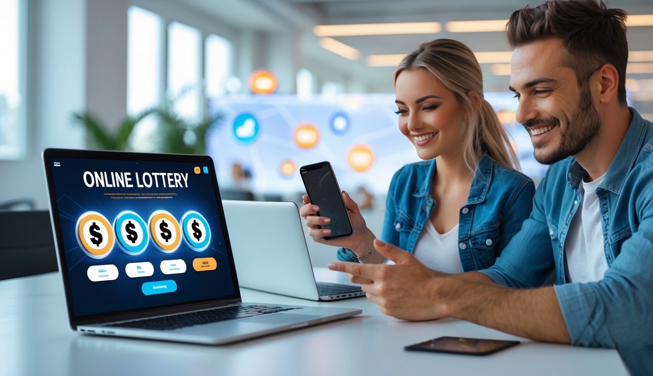 Seorang pria dan wanita muda menggunakan laptop dan ponsel di meja dengan latar kantor yang terang, menunjukkan antusiasme saat mengakses platform togel online.