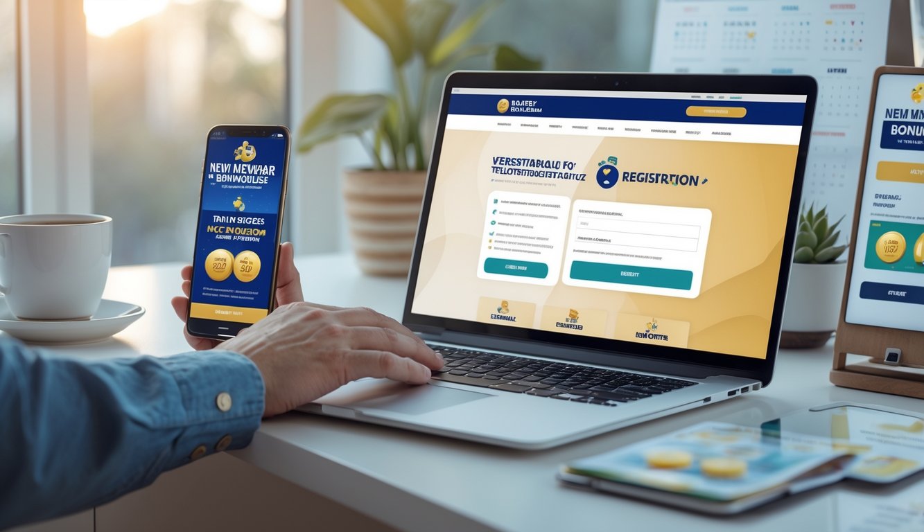 Meja kerja modern dengan laptop dan ponsel yang menampilkan formulir pendaftaran dan promosi bonus di layar.