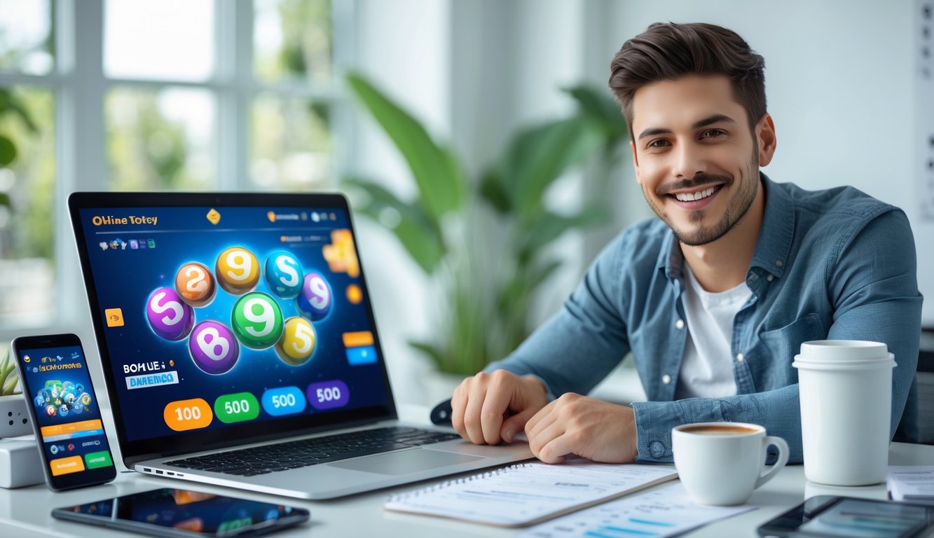Seorang pria muda duduk di meja kerja dengan laptop yang menampilkan situs togel online, terlihat senang dan fokus dalam suasana ruangan yang terang dan rapi.