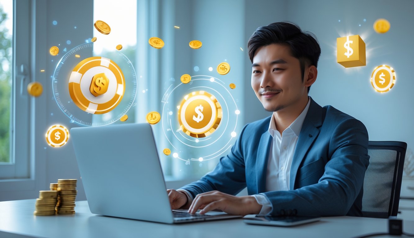 Seorang pria muda sedang menggunakan laptop di meja kerja dengan latar belakang dekorasi digital yang menggambarkan permainan togel online dan bonus menarik.