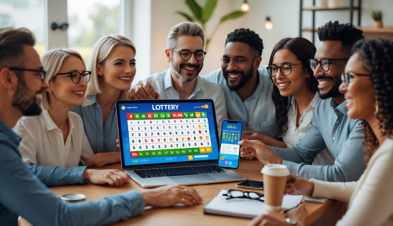 Sekelompok orang sedang menggunakan laptop dan ponsel untuk bermain togel online di ruang tamu yang nyaman.