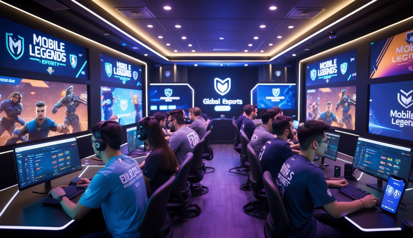Sekelompok orang muda bermain dan bertaruh pada pertandingan Mobile Legends dan esports global di ruang game modern dengan monitor besar dan perangkat digital.