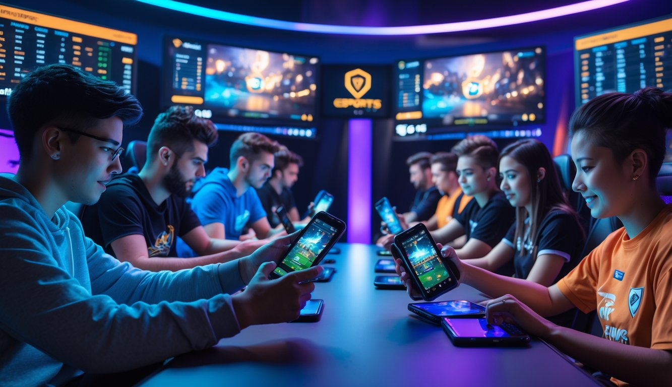 Sejumlah pemain muda sedang bermain Mobile Legends dengan serius di sebuah ruang esports modern yang dilengkapi dengan perangkat gaming dan layar yang menampilkan permainan.