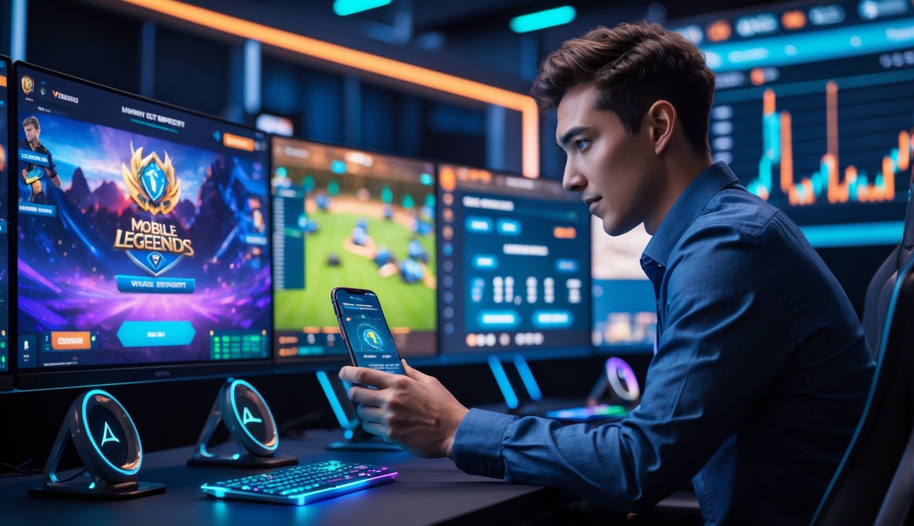 Seorang dewasa muda menggunakan ponsel di depan beberapa layar komputer yang menampilkan permainan Mobile Legends dan data taruhan esports.