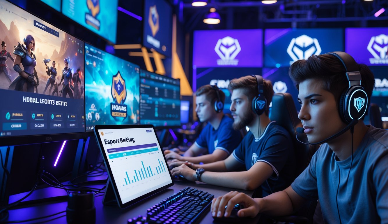 Sekelompok orang muda sedang bermain dan menganalisis taruhan esports Mobile Legends dan esports global di ruang gaming modern.