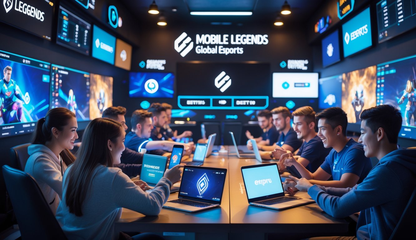 Beberapa orang muda sedang menggunakan ponsel dan laptop di ruang bermain game modern dengan layar besar menampilkan pertandingan Mobile Legends dan turnamen esports global.