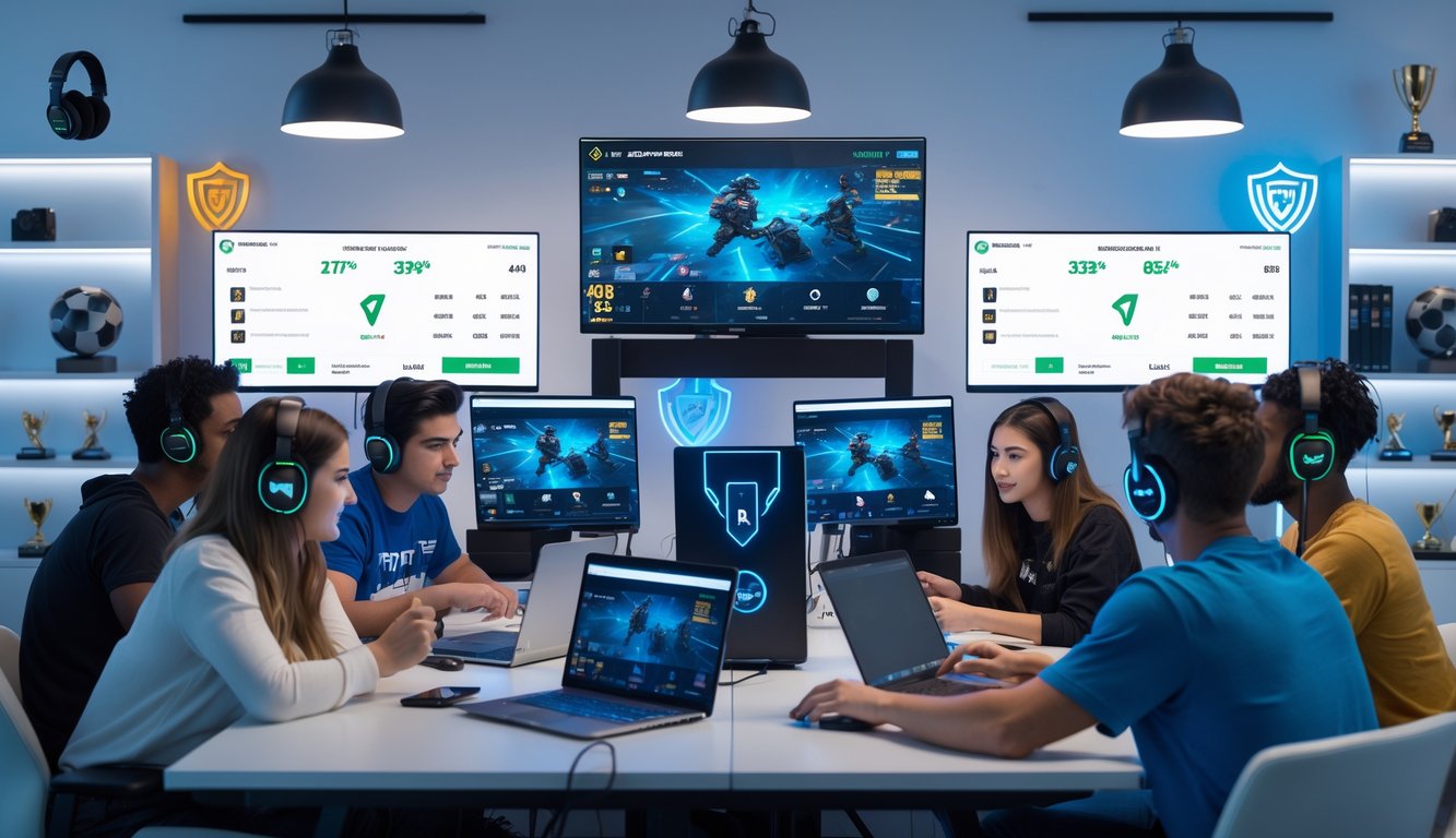 Sekelompok orang muda sedang menggunakan komputer dan ponsel untuk taruhan esports Mobile Legends di ruangan modern dengan beberapa monitor menampilkan permainan Mobile Legends.