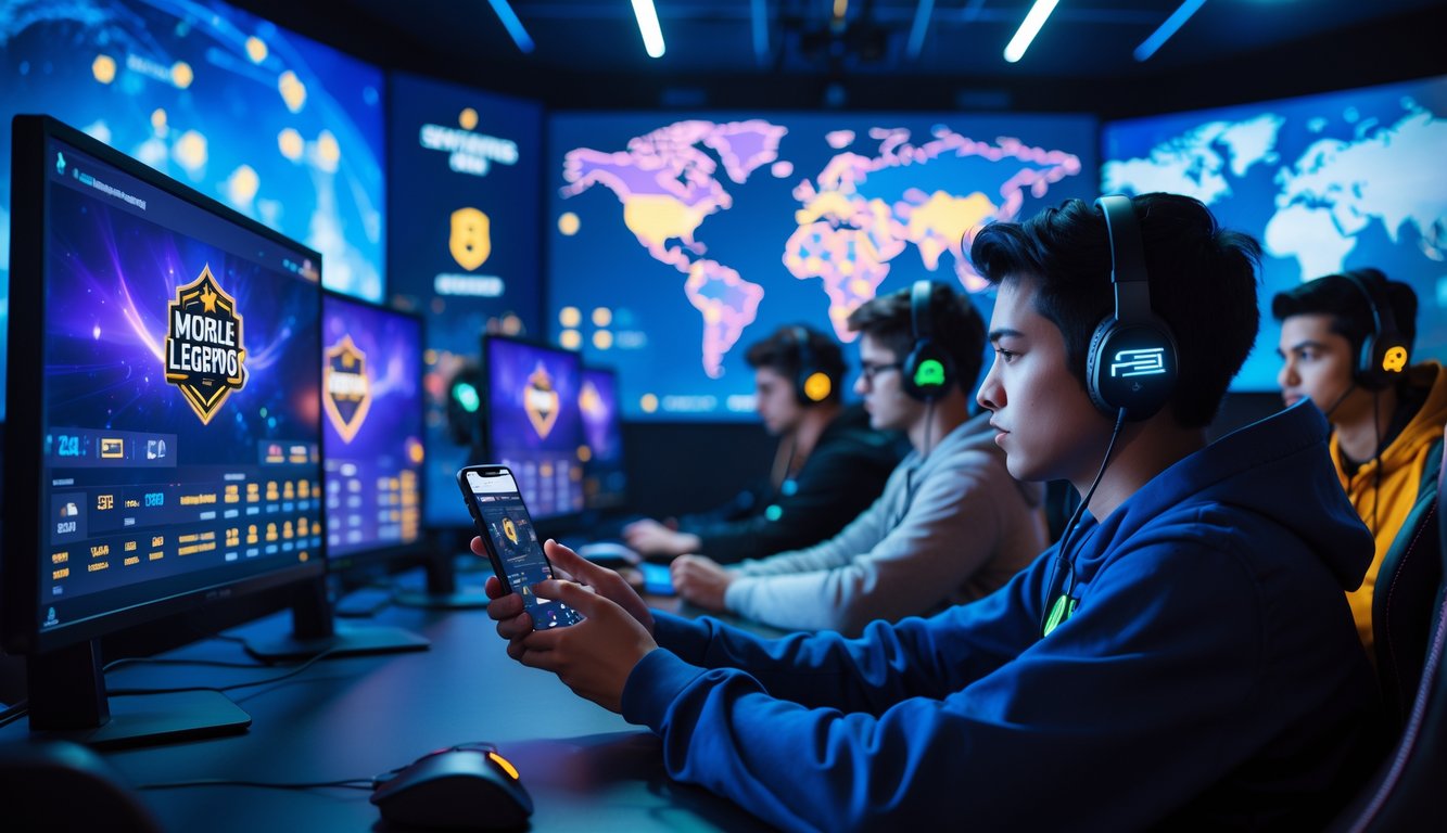 Sejumlah pemain muda sedang bermain Mobile Legends di ruangan gaming dengan layar besar dan lampu warna-warni, satu pemain menggunakan ponsel untuk melihat statistik dan taruhan.