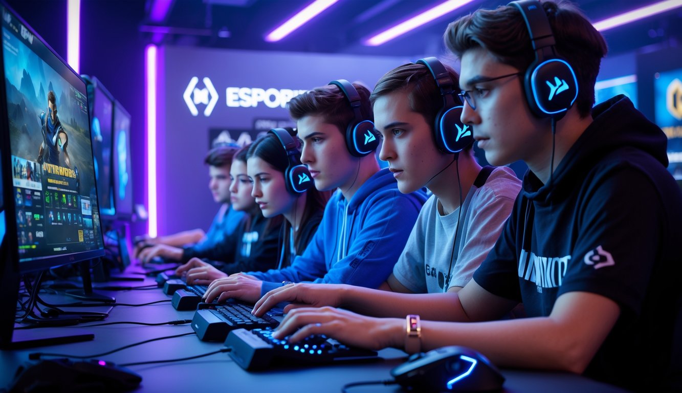 Sekelompok orang muda bermain Mobile Legends di setup gaming dengan pencahayaan LED dan perlengkapan gaming di meja.