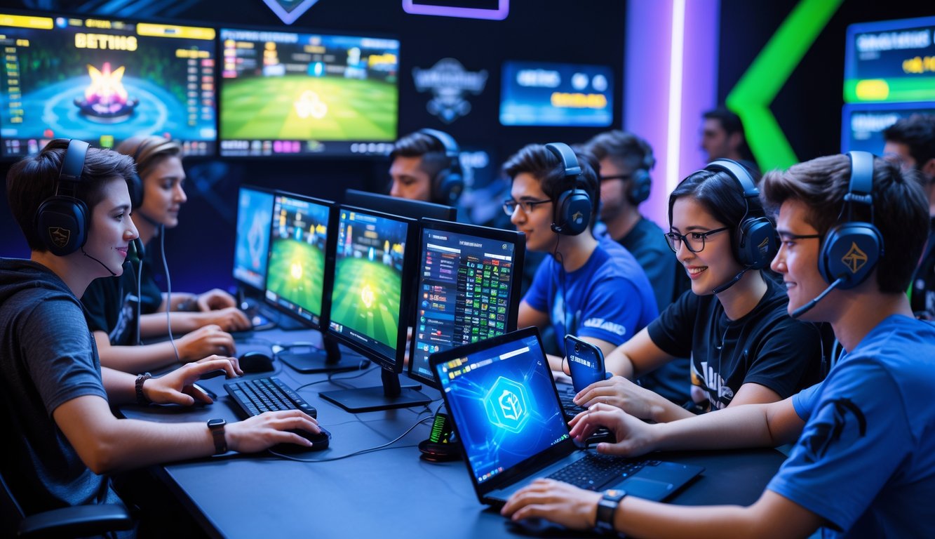 Sekelompok orang muda sedang menggunakan komputer dan ponsel untuk bertaruh pada permainan Mobile Legends di meja gaming dengan beberapa monitor yang menampilkan permainan dan grafik taruhan.