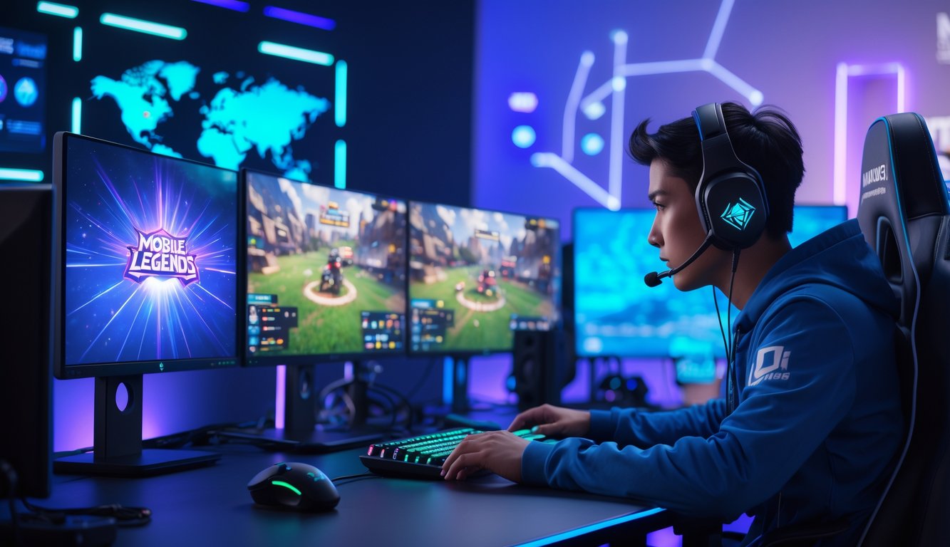Seorang pemain esports sedang bermain Mobile Legends di depan beberapa monitor dalam ruangan gaming dengan pencahayaan biru dan ungu.