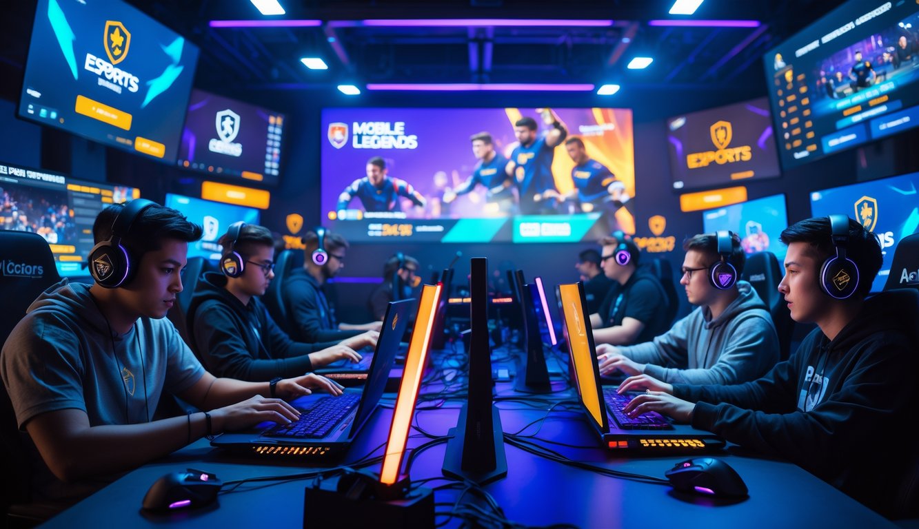 Sejumlah pemain profesional sedang bermain Mobile Legends di studio esports dengan layar menampilkan permainan dan grafik taruhan esports global.