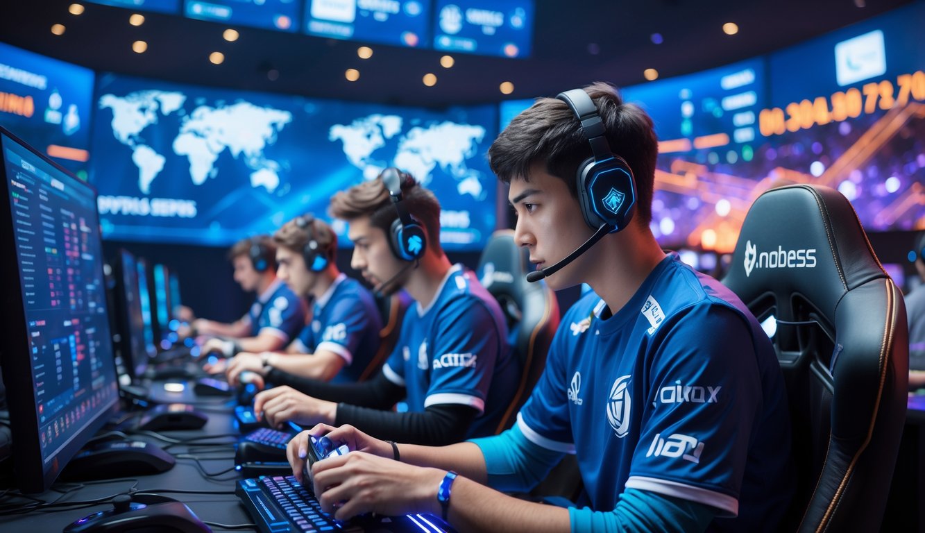 Sekelompok pemain esports profesional sedang bermain Mobile Legends di arena permainan dengan layar besar dan pencahayaan warna-warni.