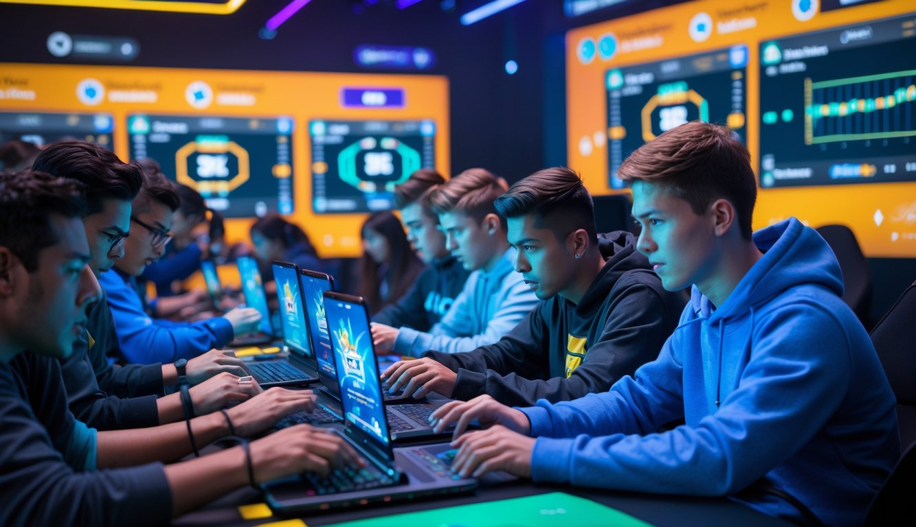 Sekelompok orang muda sedang bermain game Mobile Legends di ponsel dan laptop dengan layar warna-warni dan suasana kompetitif yang penuh semangat.