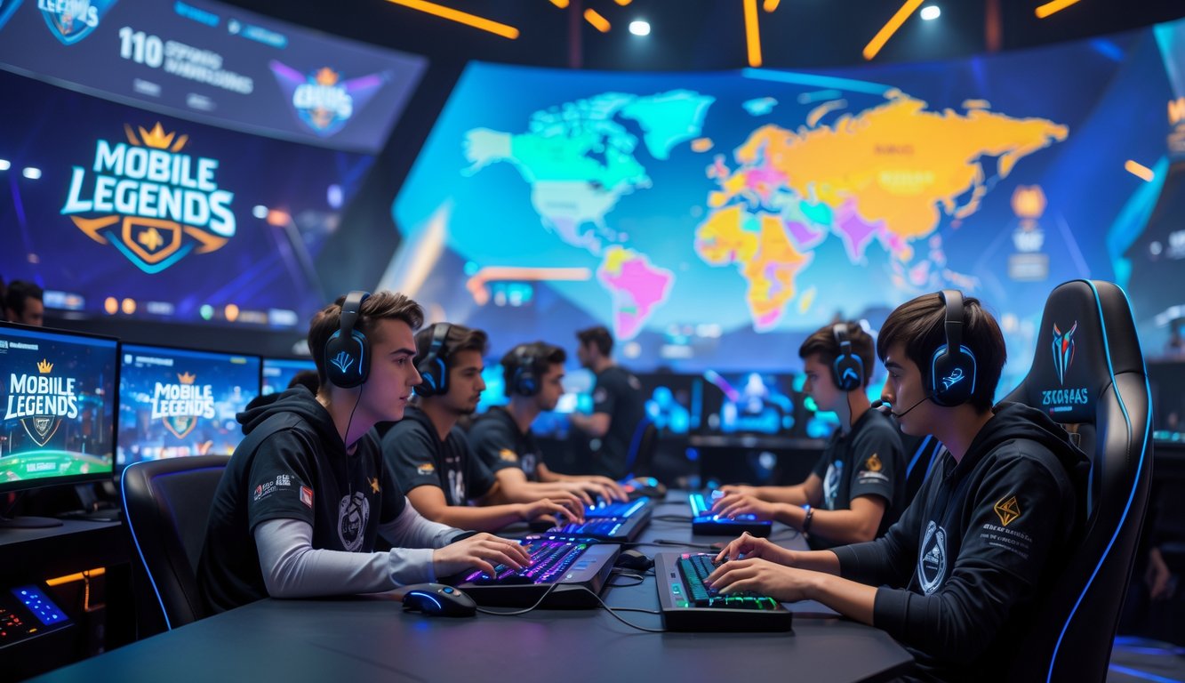 Sekelompok pemain esports fokus bermain Mobile Legends di arena kompetisi dengan layar besar menampilkan turnamen global.