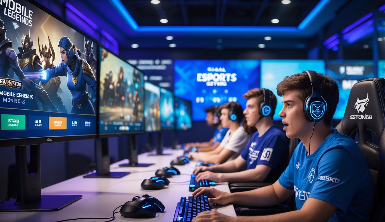 Sekelompok orang muda bermain dan menonton pertandingan Mobile Legends dan esports global di ruang permainan modern dengan monitor besar dan pencahayaan LED.