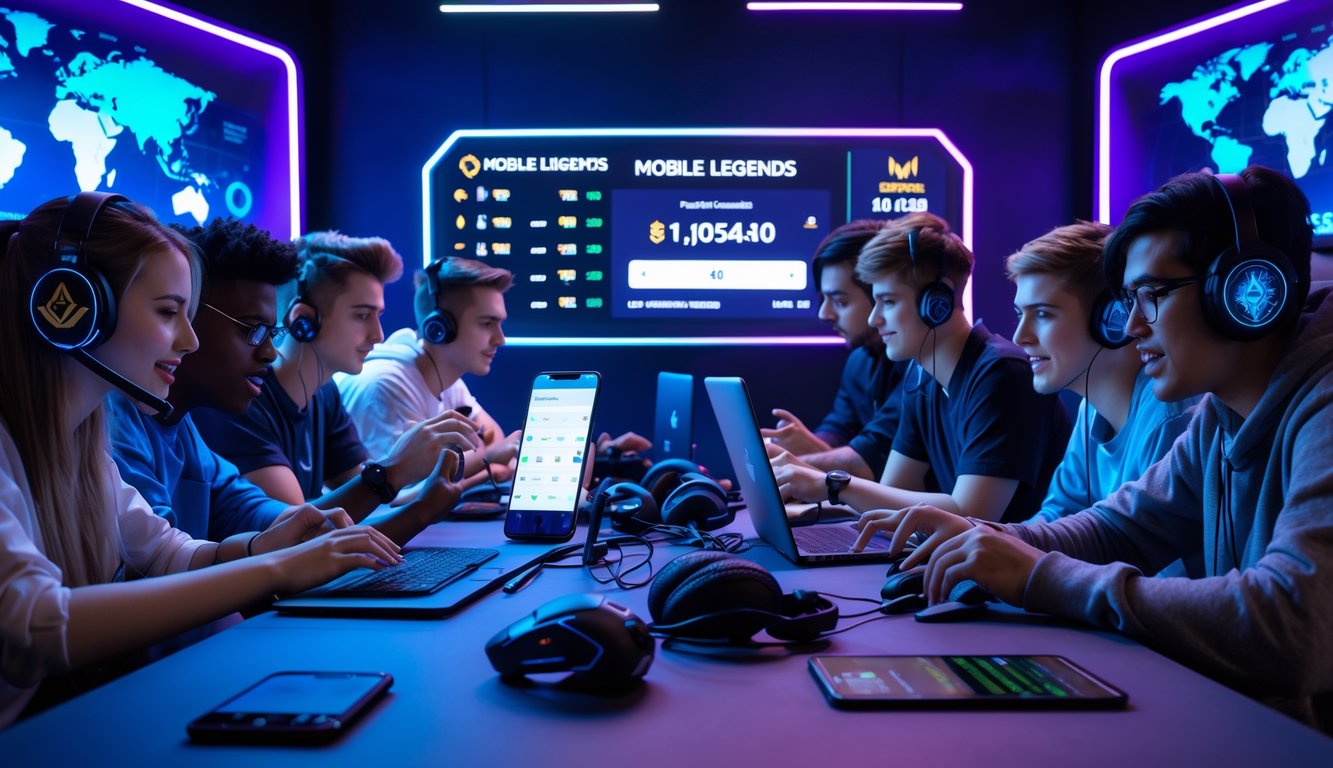 Sekelompok orang muda sedang menggunakan perangkat digital untuk taruhan Mobile Legends dan esports global di ruangan dengan pencahayaan biru dan ungu.
