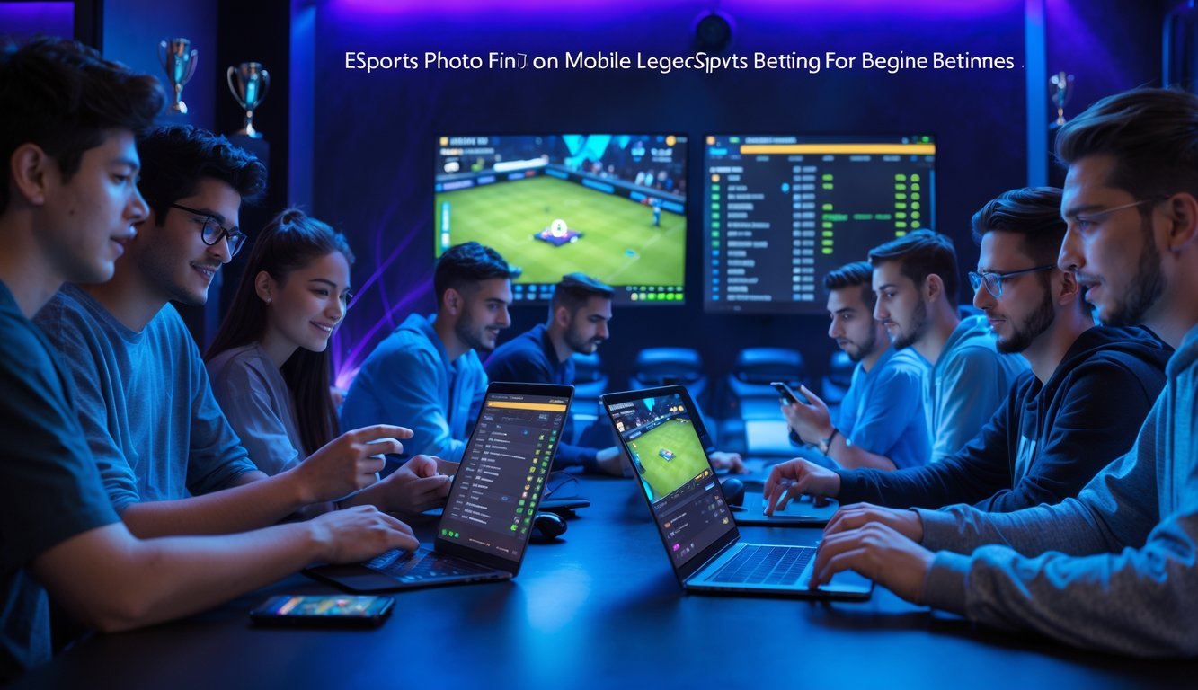 Sekelompok orang muda sedang menggunakan perangkat digital untuk taruhan esports Mobile Legends di ruang gaming modern dengan pencahayaan biru dan ungu.